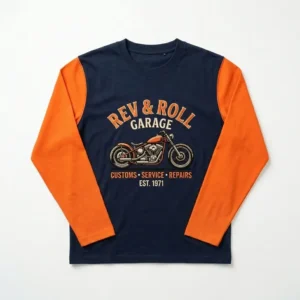 An embroidered motorcycle garage t-shirt with orange long sleeves.