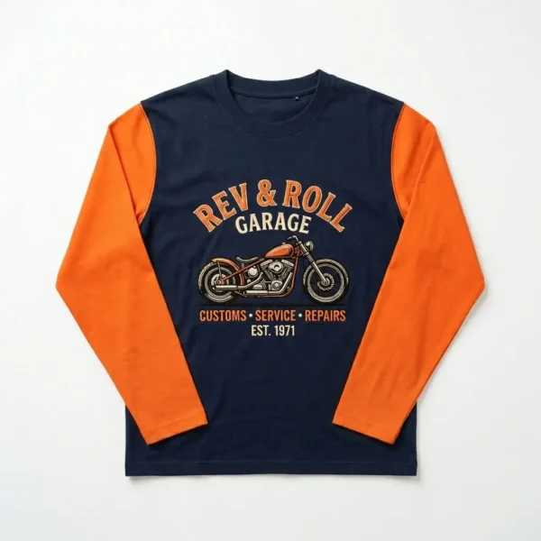 An embroidered motorcycle garage t-shirt with orange long sleeves.