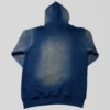 Navy blue embossed logo sun faded hoodie back.