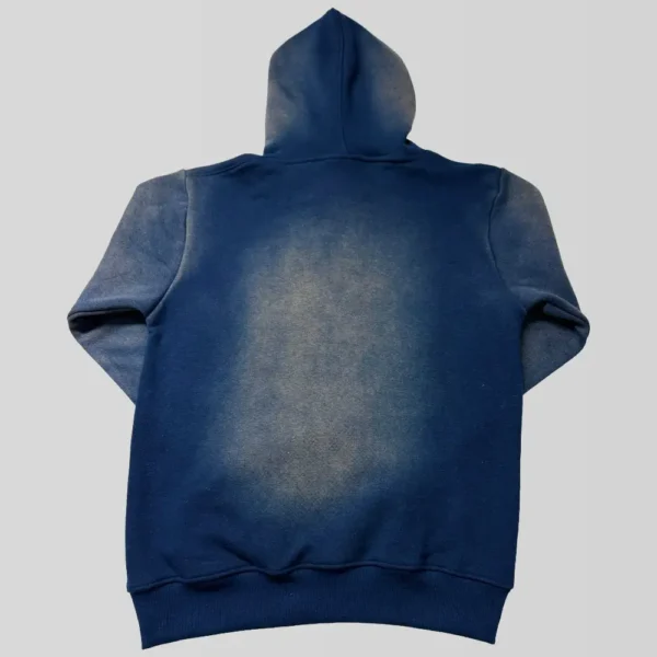 Navy blue embossed logo sun faded hoodie back.