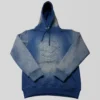 Navy blue embossed logo sun faded hoodie front.