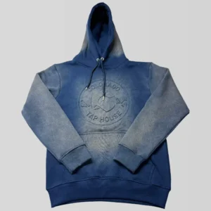 Navy blue embossed logo sun faded hoodie front.