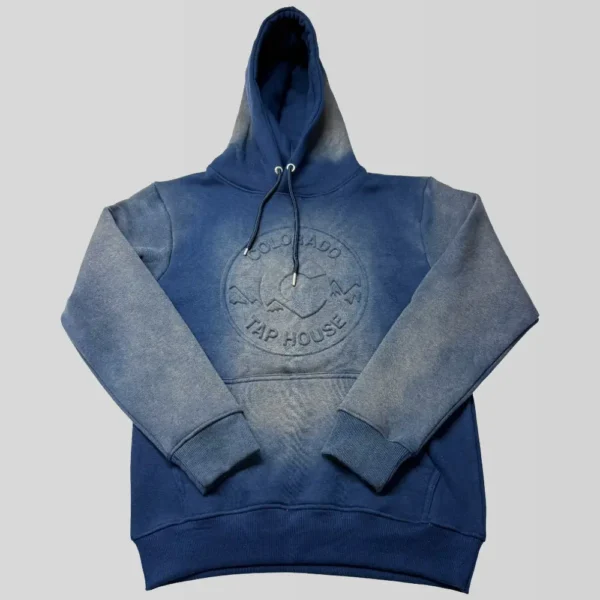 Navy blue embossed logo sun faded hoodie front.