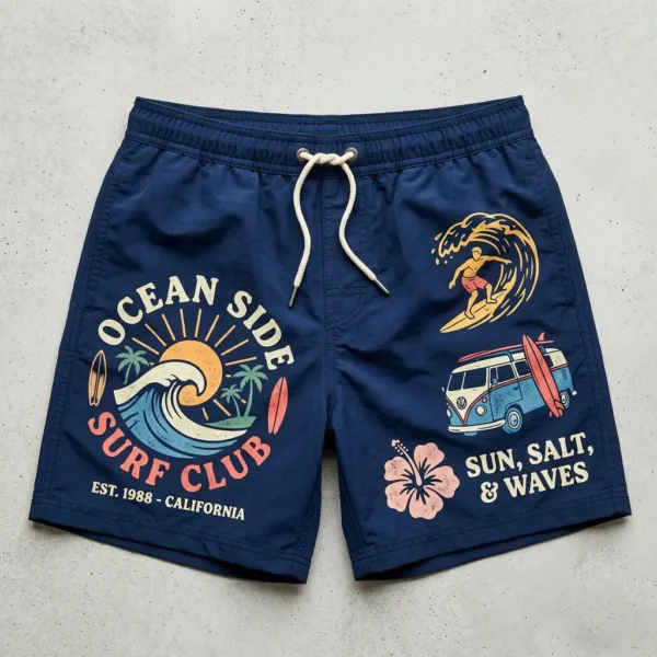 Navy-blue screen-printed swim trunks.