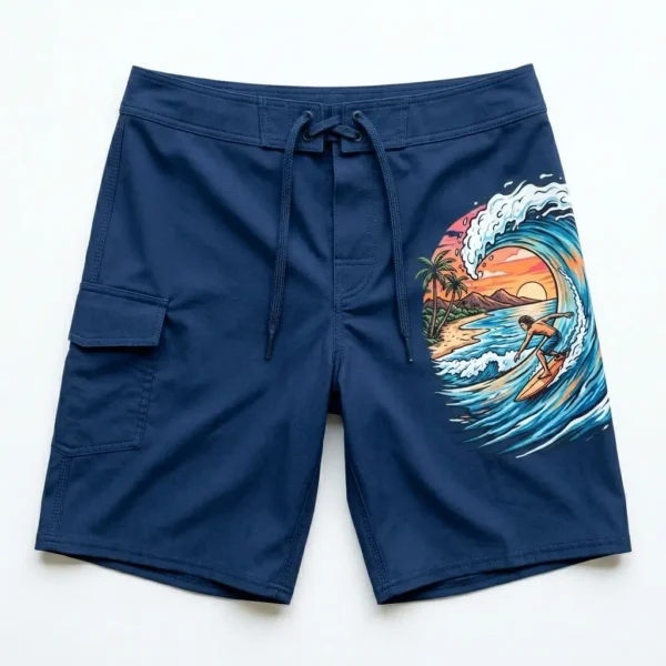 Navy dtf printed board shorts.