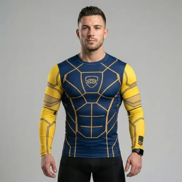 Short sleeve compression shirt featuring a navy blue body with high-visibility neon yellow set-in sleeves and stitching.