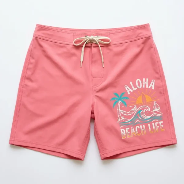 Pink aloha beach screen printed board shorts front.