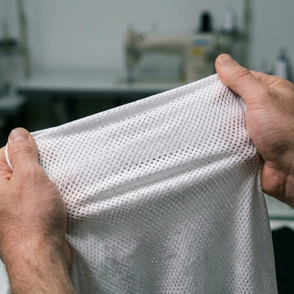 Polyester spandex blend mesh fabric.