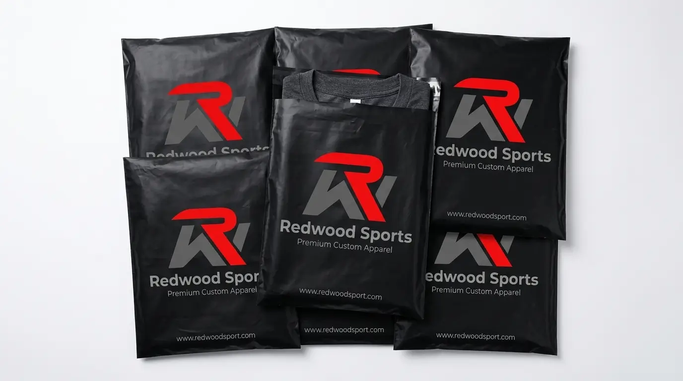 Flat lay shot of multiple t-shirts packed in private label custom polybags with Redwood Sports branding.