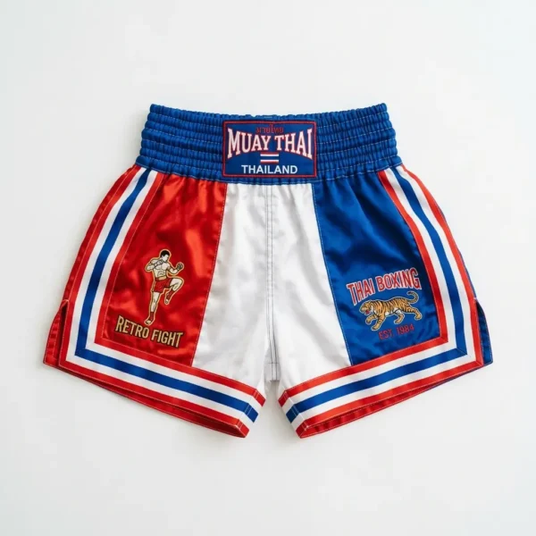 Red, white blue retro muay thai shorts.
