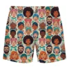 Repeated face pattern swim trunks back.