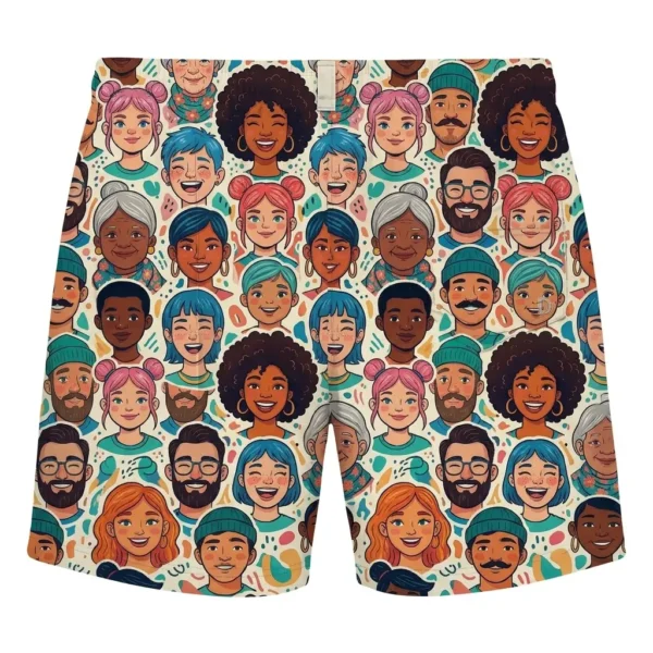 Repeated face pattern swim trunks back.