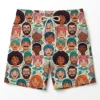 Repeated face pattern swim trunks front.