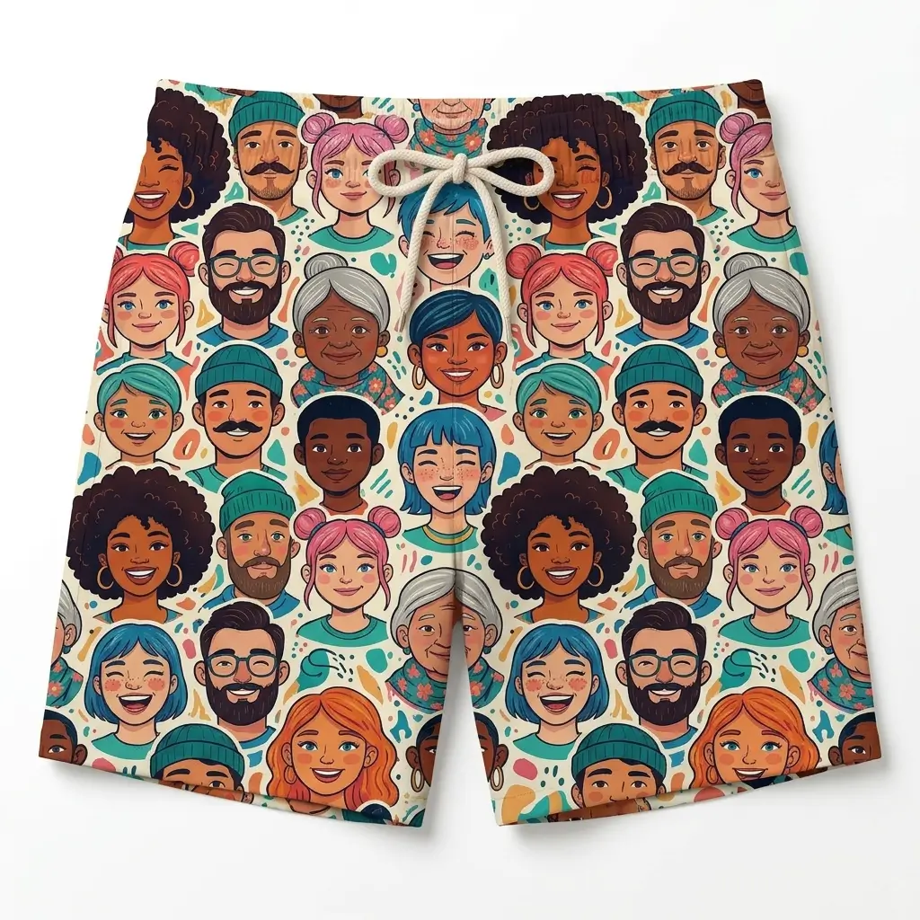 Repeated face pattern swim trunks front.