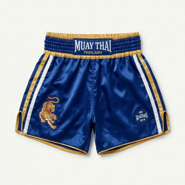 Front view of royal blue satin Muay Thai shorts with a traditional gold waistband patch, side tiger graphic, and gold lettering.