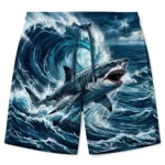 Shark and wave illustration swim trunks front.