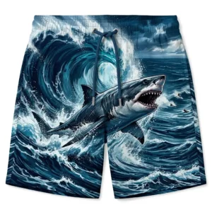 Shark and wave illustration swim trunks front.
