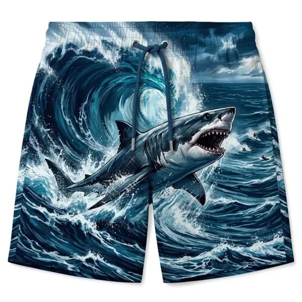 Shark and wave illustration swim trunks front.