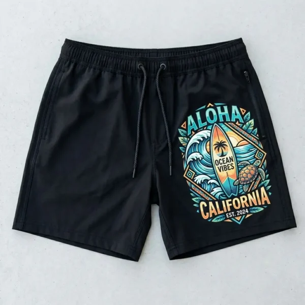 Side zippered dtf printed swim trunks.