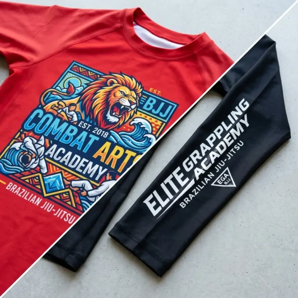 Comparative split photo showcasing the textured finish of Direct-to-Film (DTF) printing versus heat transfer vinyl on sportswear.