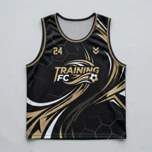 Sublimated black and gold soccer pinnie front.