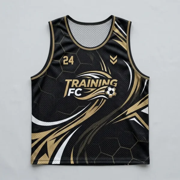 Sublimated black and gold soccer pinnie front.