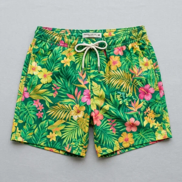Sublimated floral printed swim trunks.