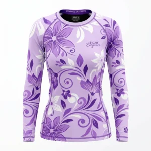 Front view of a women's specific tailored short sleeve rash guard with a premium dark tropical floral sublimation design.