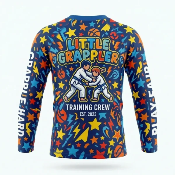 Back view of a youth short sleeve compression top showing flatlock flat seams and a prominent team logo space.