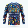 Front view of a youth short sleeve Jiu-Jitsu rash guard featuring a vibrant, kid-friendly sublimated mascot and team paneling.
