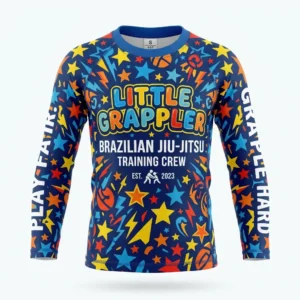 Front view of a youth short sleeve Jiu-Jitsu rash guard featuring a vibrant, kid-friendly sublimated mascot and team paneling.