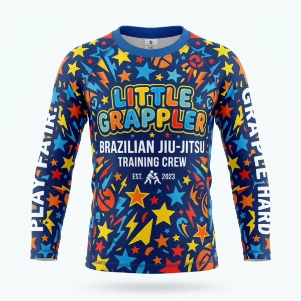 Front view of a youth short sleeve Jiu-Jitsu rash guard featuring a vibrant, kid-friendly sublimated mascot and team paneling.