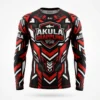 Front view of a professional long sleeve Brazilian Jiu-Jitsu rash guard featuring custom sublimated artwork and team graphics.