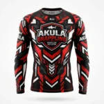 Front view of a professional long sleeve Brazilian Jiu-Jitsu rash guard featuring custom sublimated artwork and team graphics.