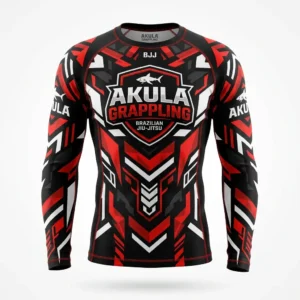Front view of a professional long sleeve Brazilian Jiu-Jitsu rash guard featuring custom sublimated artwork and team graphics.