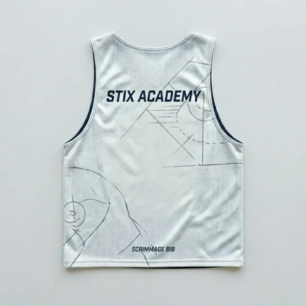 Sublimated navy and white reversible lacrosse pinnie, white back.