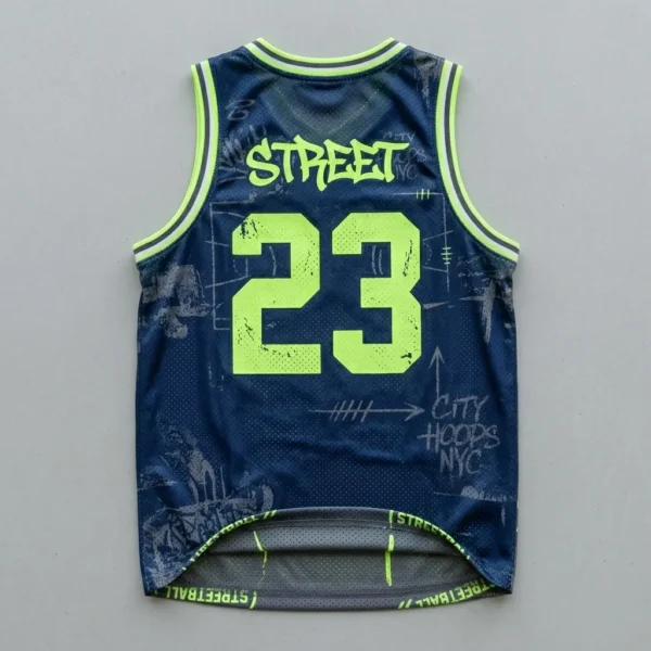 Sublimated navy and yellow reversible basketball pinnie, navy back.