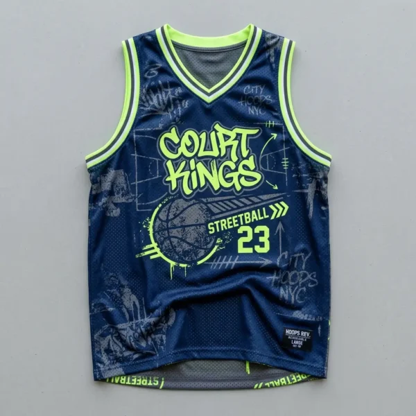 Sublimated navy and yellow reversible basketball pinnie, navy front.