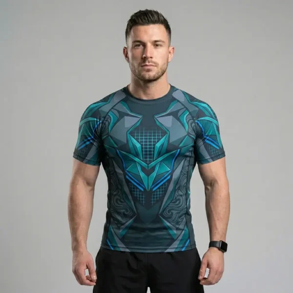 Short sleeve compression rash guard featuring a full-coverage, high-definition sublimated geometric design.