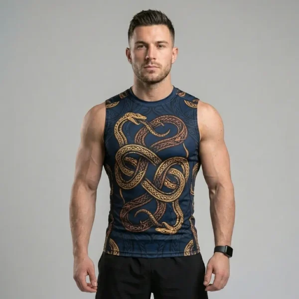 Sleeveless compression rash guard with a bold, multi-colored neon geometric sublimation design and flatlock stitching.