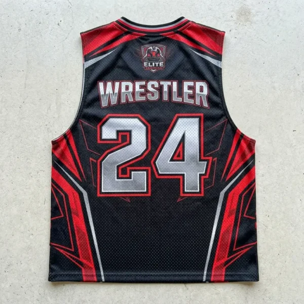 Sublimated v neck wrestling camp pinnie back.