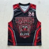 Sublimated v-neck wrestling camp pinnie front.