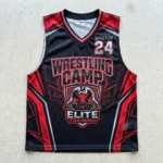 Sublimated v-neck wrestling camp pinnie front.