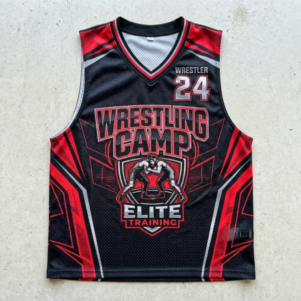 Sublimated v-neck wrestling camp pinnie front.