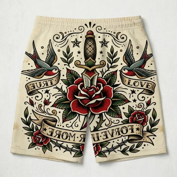 Tattoo graphics with roses daggers swim trunks back