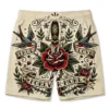 Tattoo graphics with roses daggers swim trunks front.