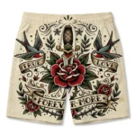 Tattoo graphics with roses daggers swim trunks front.