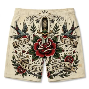 Tattoo graphics with roses daggers swim trunks front.