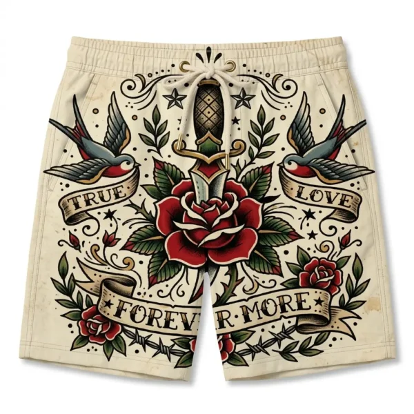 Tattoo graphics with roses daggers swim trunks front.