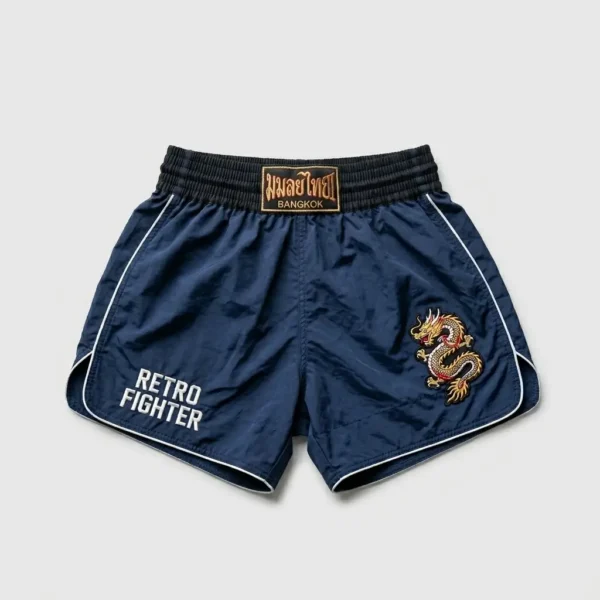 Thin waistband navy muay thai shorts.